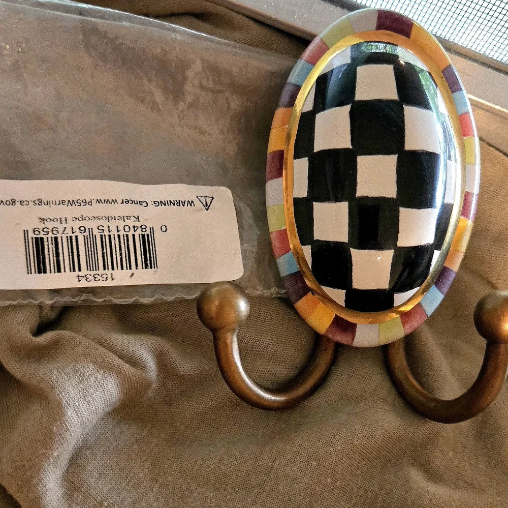 MacKenzie-Childs Black-and-White Checker Hook with Multicolor Rim - Picture 1 of 3